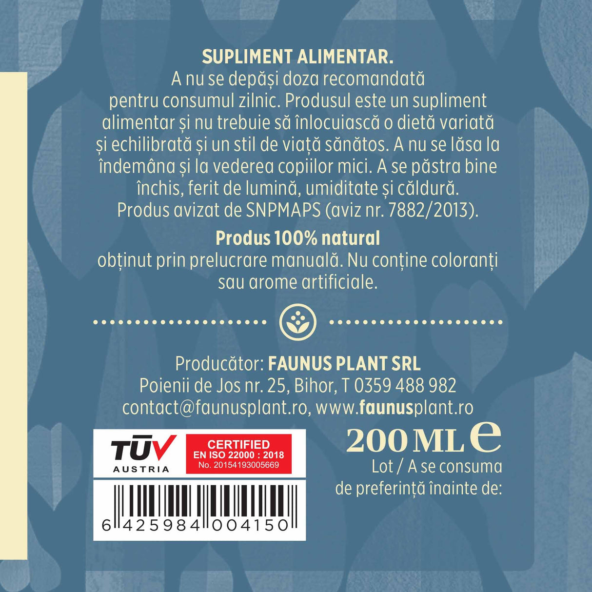 Etichetă dreapta desfășurată Tinctură Gliconormus 200 ml care oferă recomandări și precauții și sublinează faptul că produsul are certificare TUV Austria, apare logo-ul, un cod de bare și termenul de valabilitate.