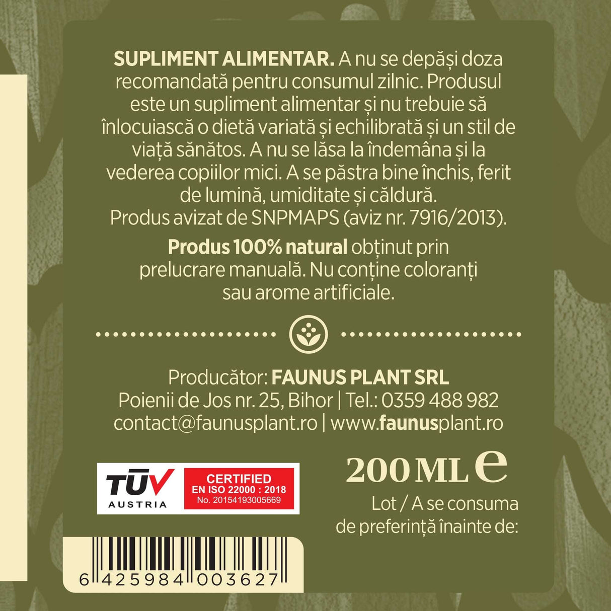 Etichetă dreapta desfășurată Tinctură Leurdă 200 ml care oferă recomandări și precauții și sublinează faptul că produsul are certificare TUV Austria, apare logo-ul, un cod de bare și termenul de valabilitate.