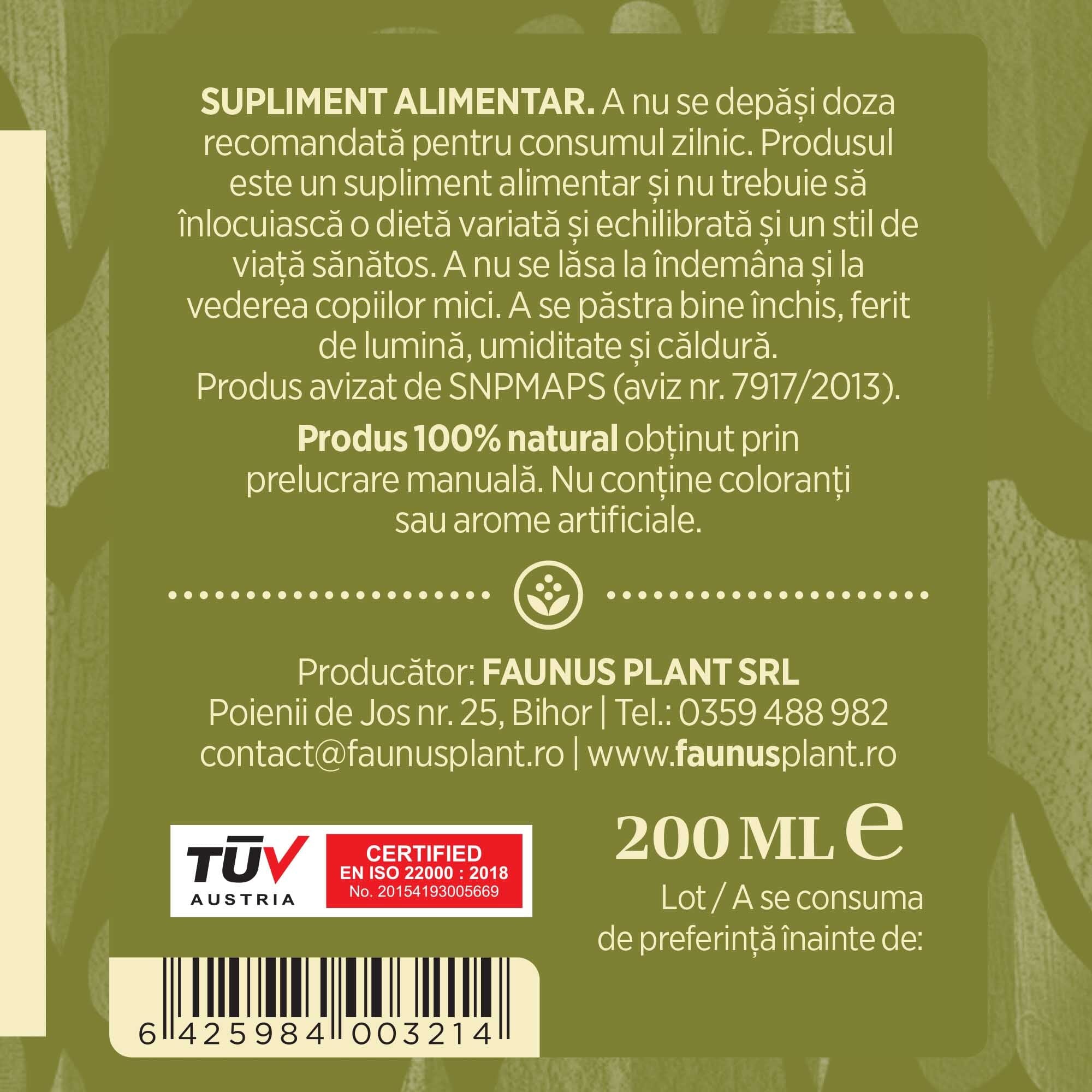 Etichetă dreapta desfășurată Tinctura Năpraznic 200 ml care oferă recomandări și precauții și sublinează faptul că produsul are certificare TUV Austria, apare logo-ul, un cod de bare și termenul de valabilitate.