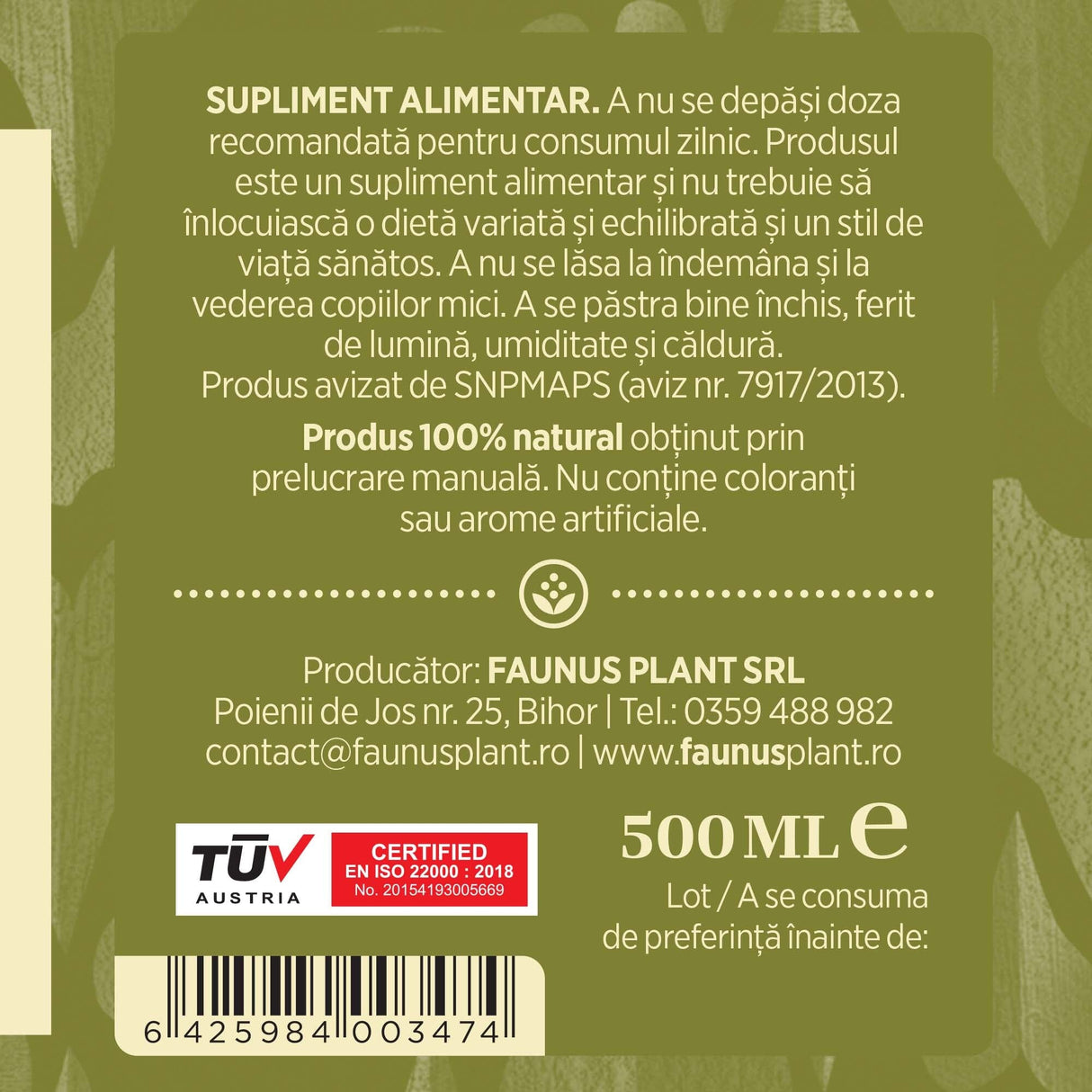 Etichetă dreapta desfășurată Tinctura Năpraznic 500 ml care oferă recomandări și precauții și sublinează faptul că produsul are certificare TUV Austria, apare logo-ul, un cod de bare și termenul de valabilitate.