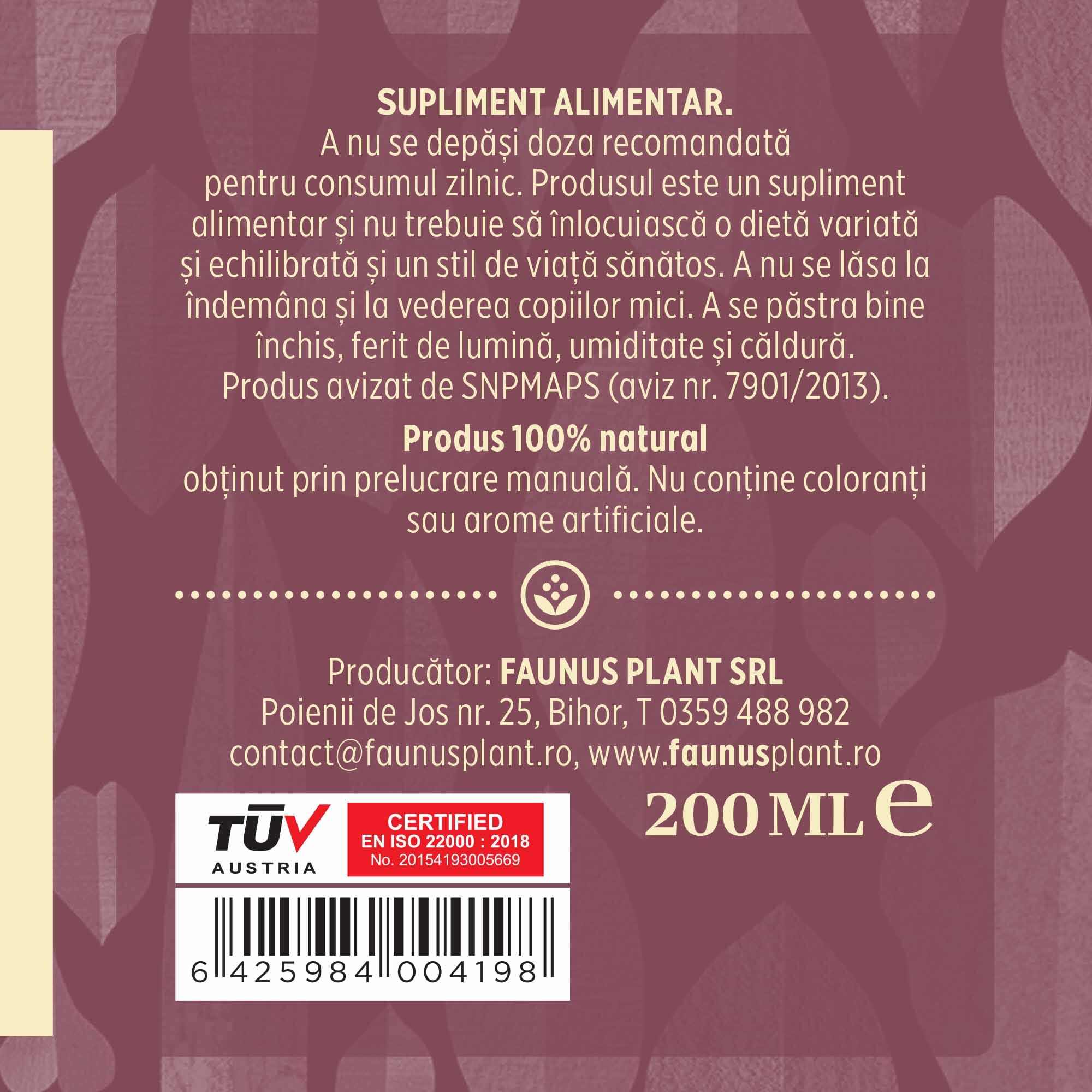 Etichetă dreapta desfășurată Tinctura Nervocalmus 200 ml care oferă recomandări și precauții și sublinează faptul că produsul are certificare TUV Austria, apare logo-ul, un cod de bare și termenul de valabilitate.