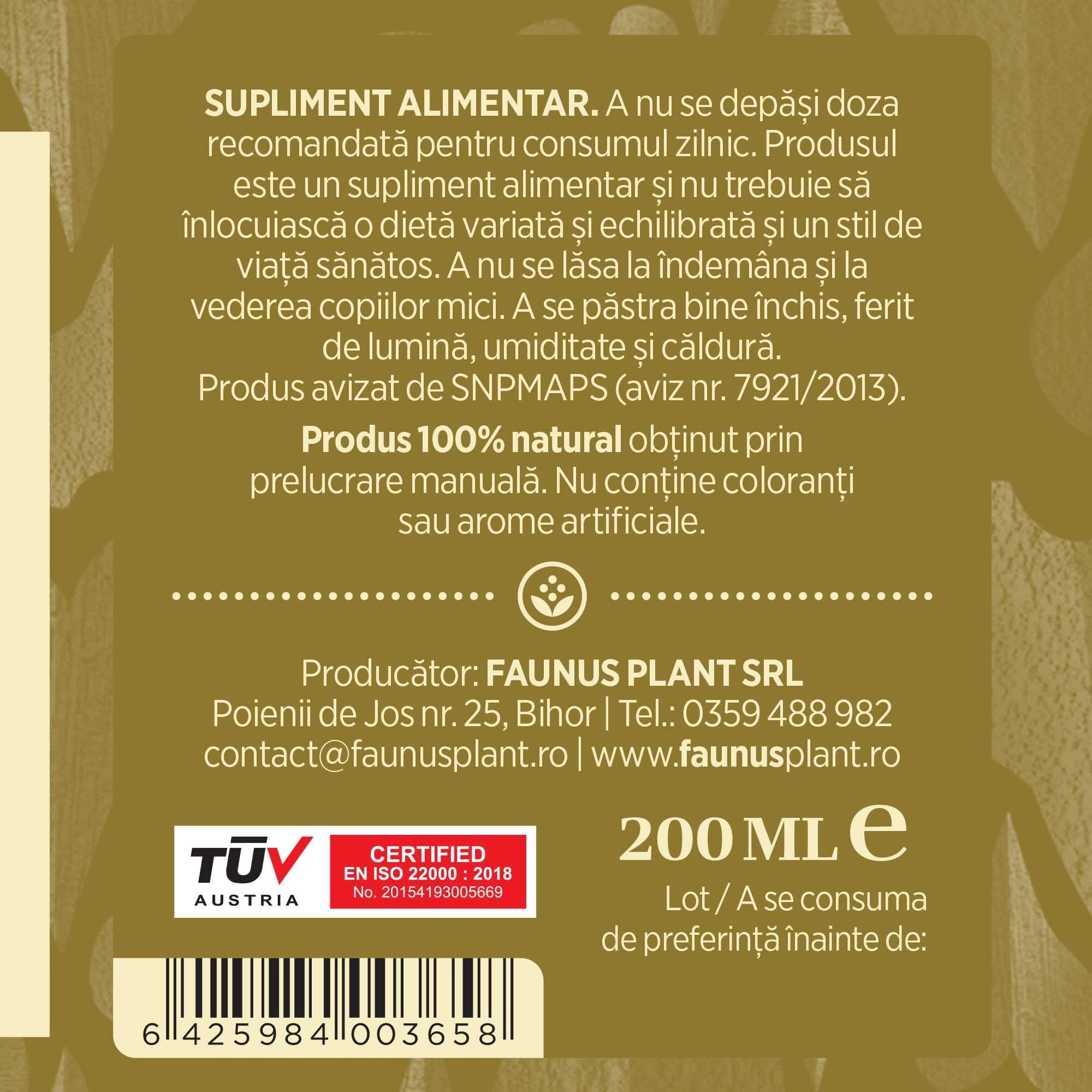 Etichetă dreapta desfășurată Tinctura Rostopască 200 ml care oferă recomandări și precauții și sublinează faptul că produsul are certificare TUV Austria, apare logo-ul, un cod de bare și termenul de valabilitate.