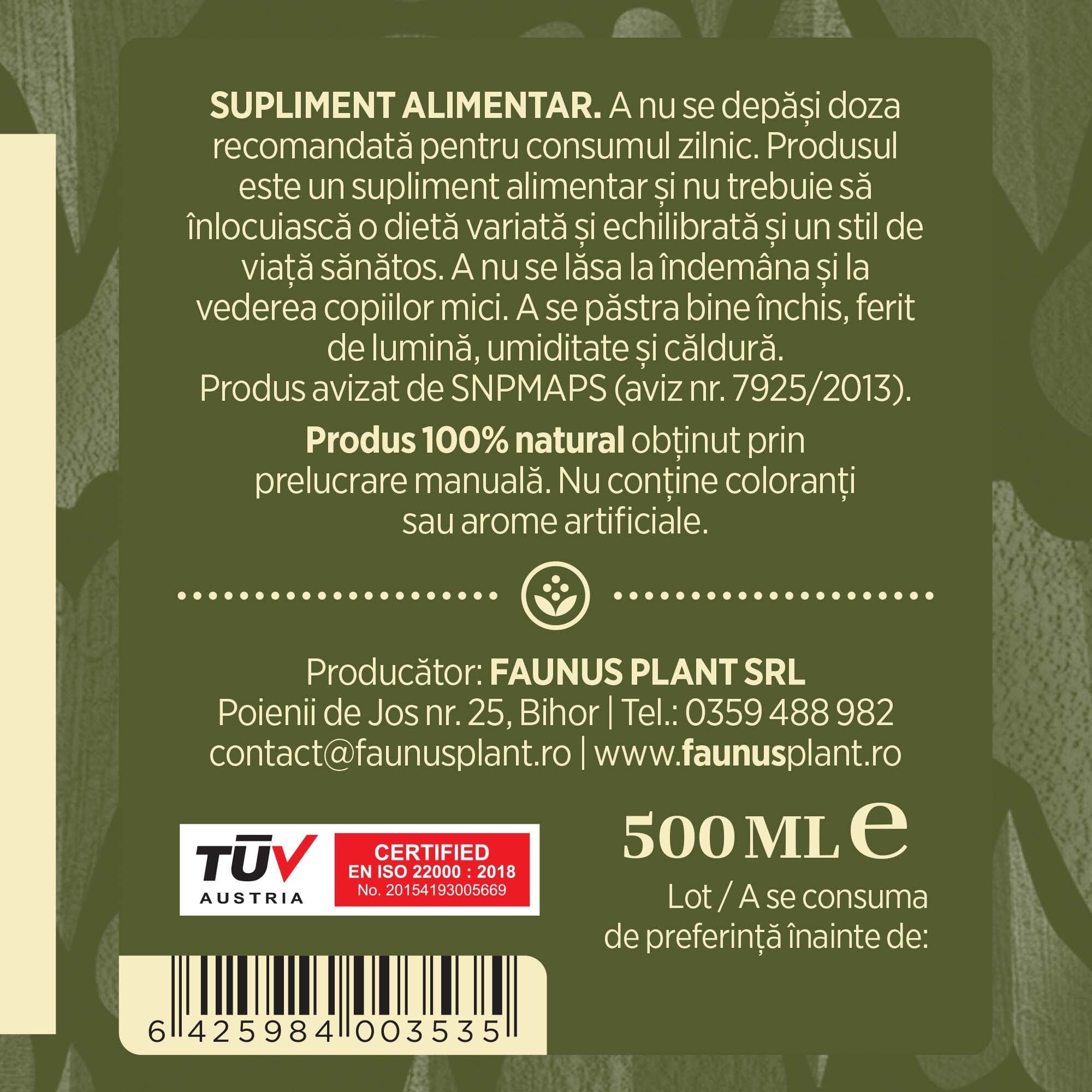 Etichetă desfășurată lateral dreapta Tinctură Valeriană 500ml oferă recomandări de utilizare, descrie condițiile de păstrare, spune că produsul este natural, e fabricat manual și are certificare TUV. Oferă detalii despre producător, cod de bare, respectiv cantitate.