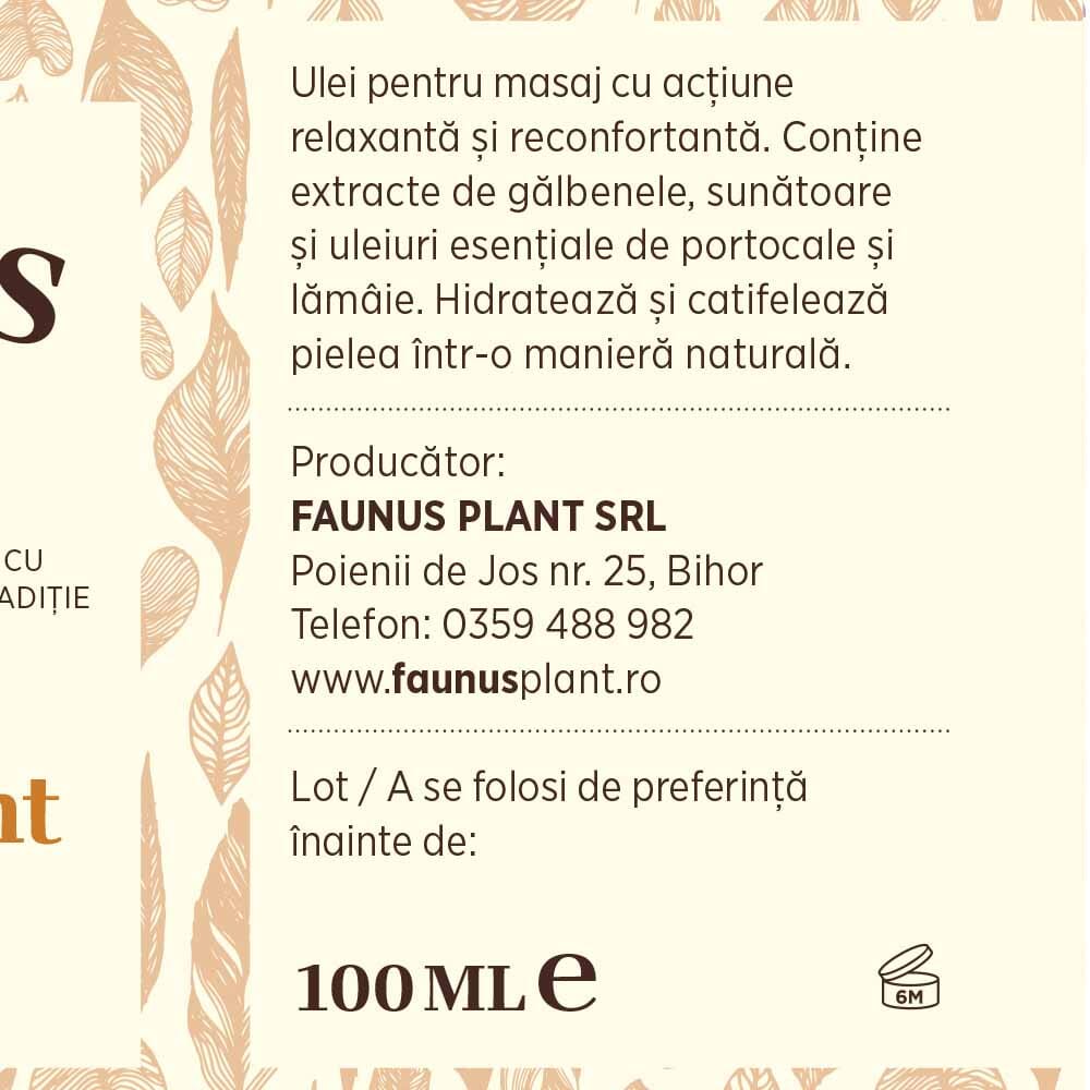 Etichetă desfășurată Ulei Masaj Energizant de la Faunus Plant, cu informații despre producătorul Faunus Plant, incluzând detalii de contact și indicații despre păstrarea produsului.