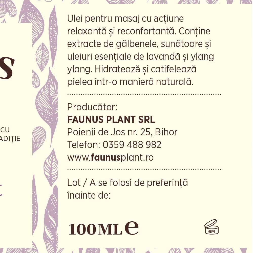Eticheta desfășurată a Uleiului Masaj Relaxant, afișând informații despre producător, adresa, telefon și termenul de valabilitate recomandat.