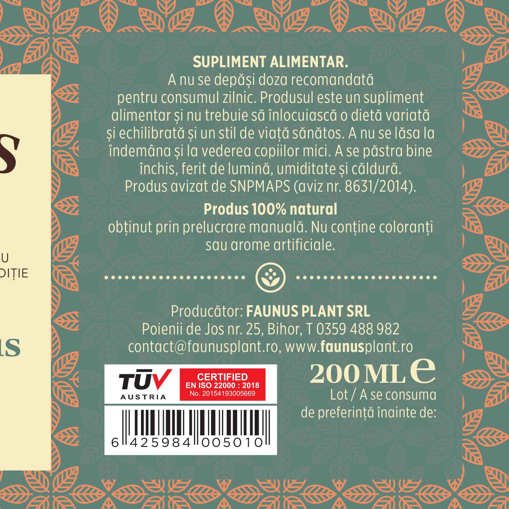Etichetă desfășurată pentru Sirop Respiratorus 200ml care oferă recomandări și precauții și subliniază faptul că produsul are certificare TUV Austria, apare logo-ul, un cod de bare și termenul de valabilitate
