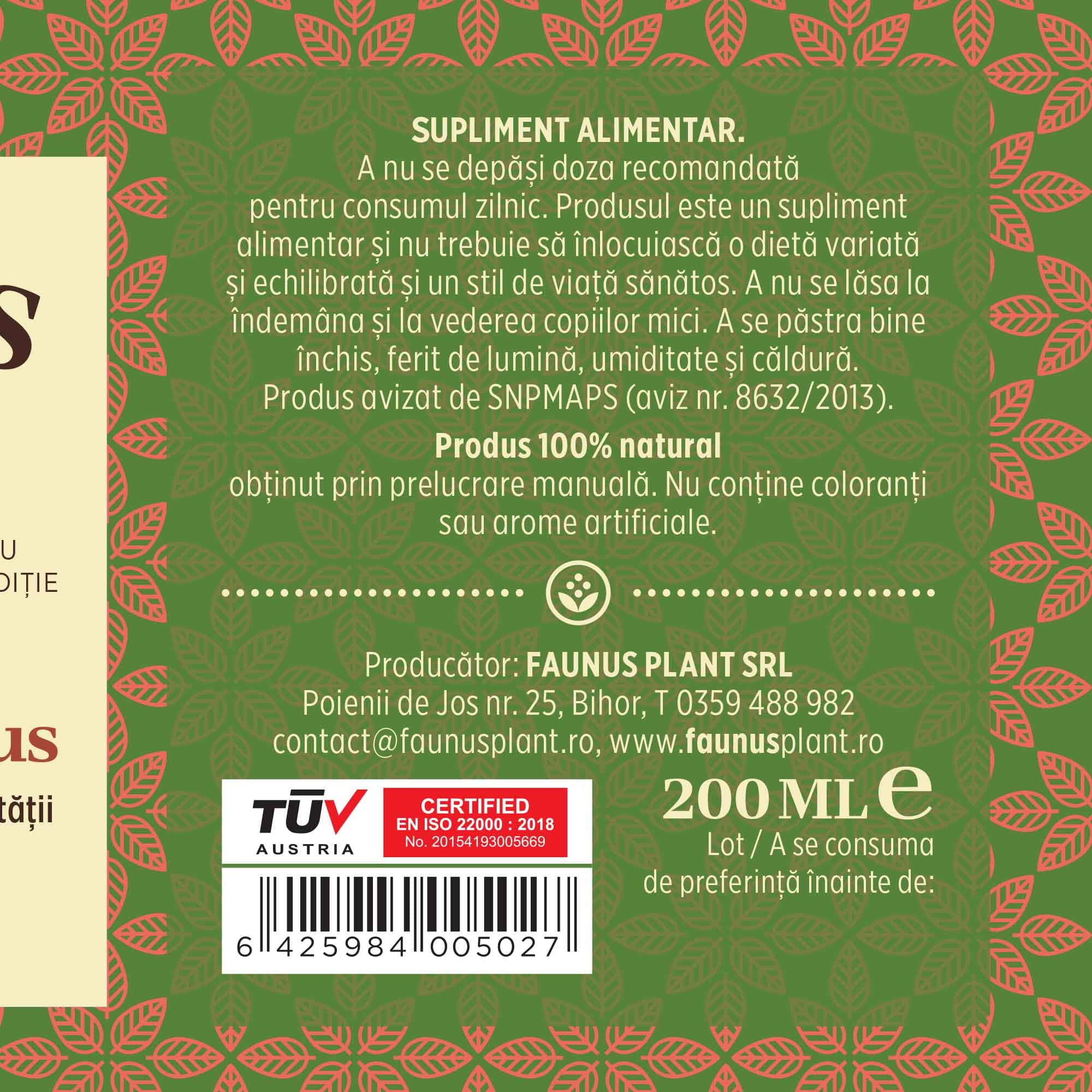 Etichetă desfășurată pentru Sirop Vitaminizantus 200ml care oferă recomandări și precauții și sublinează faptul că produsul are certificare TUV Austria, apare logo-ul, un cod de bare și termenul de valabilitate