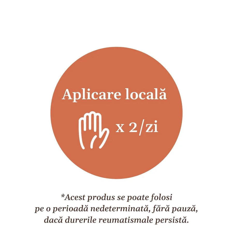 Element grafic circular afișat pe mijloc cu un text despre modul de aplicare, sugerând aplicare locală de 2 ori pe zi.