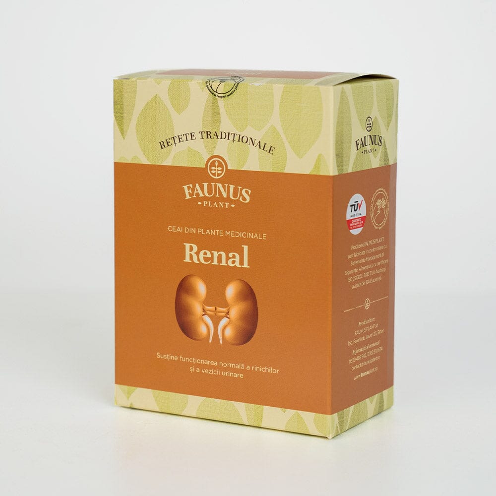 Ambalaj al Ceaiului Renal de la Faunus Plant, fotografiat din lateral, evidențiind detalii ale designului elegant și informații suplimentare de pe ambalaj.