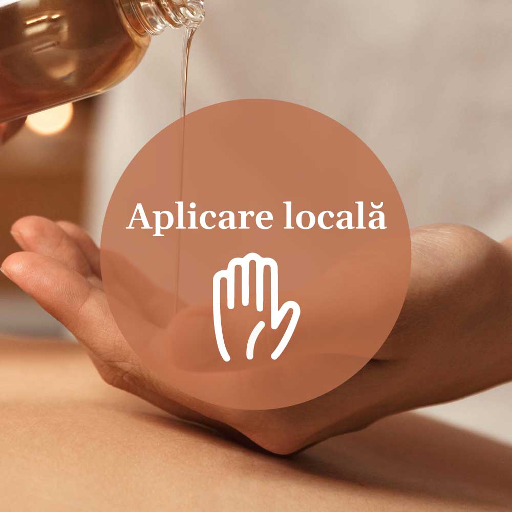 Grafică reprezentând aplicarea locală a Uleiului de Masaj Energizant, cu pictograma unei mâini ce simbolizează utilizarea prin masaj.