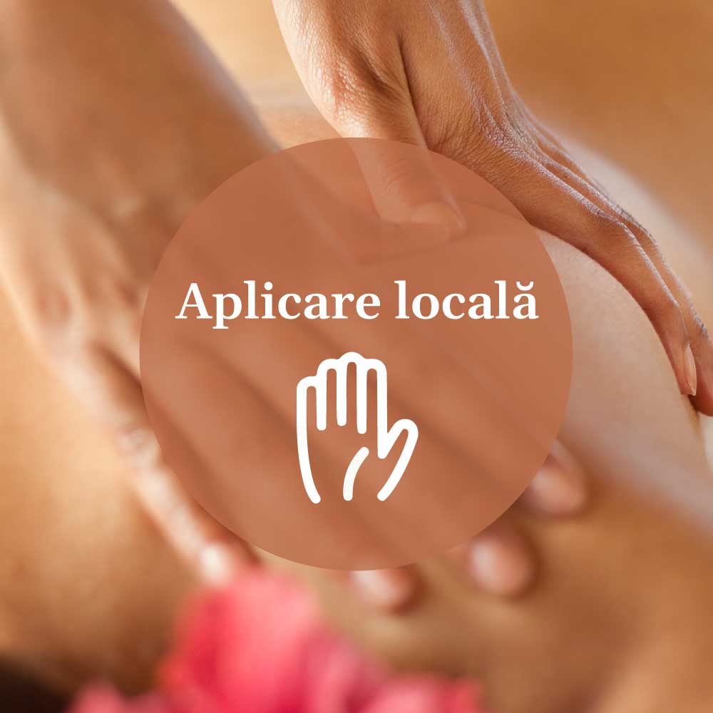 Grafic simbolic reprezentând aplicarea locală a Uleiului Masaj Relaxant, cu imaginea unei mâini ce simbolizează masajul delicat.