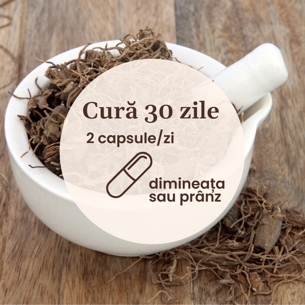Element grafic circular afișat pe mijloc cu un text despre cura de 30 de zile cu Calmenor Zi capsule, sugerând 2 capsule ziua timp de 30 zile, având pe fundal imagini cu diferite tipuri de mâncare.