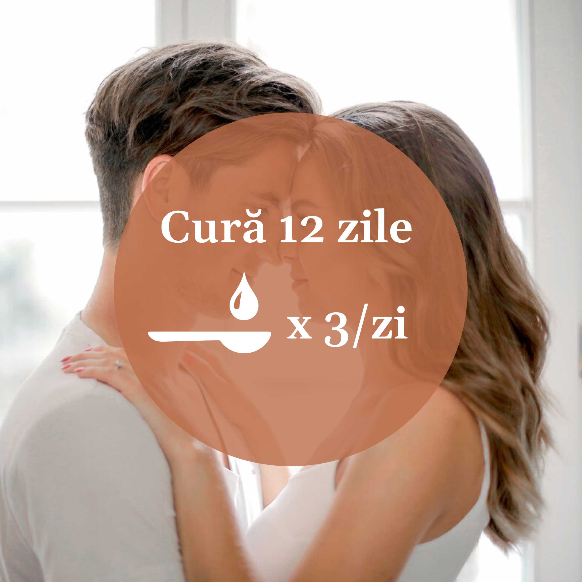 Imagine de fundal cu un cuplu care își arată afecțiunea, având un element grafic circular de culoare bej cu un text în mijloc sugerând modalitatea de administrarea a curei, și anume câte 3 lingurițe pe zi timp de 12 zile.