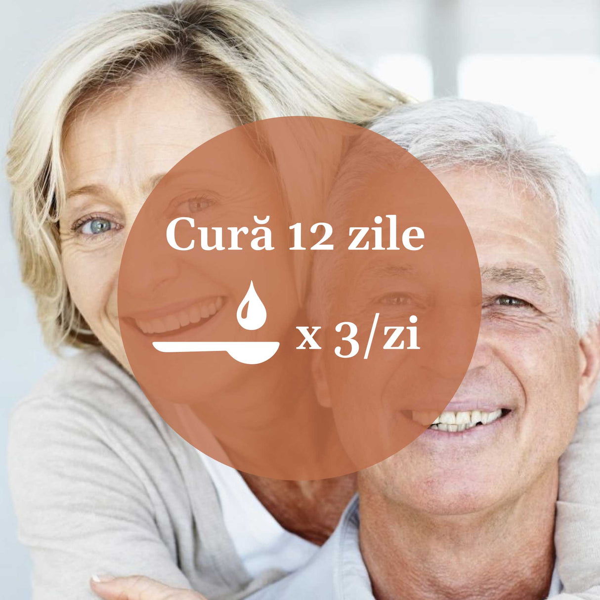 Imagine de fundal cu un cuplu de seniori, având un element grafic circular de culoare maro deschis cu un text în mijloc sugerând aplicarea unei cure de 12 zile prin administrarea prin uz intern de 3 ori pe zi.