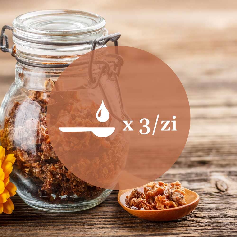 Modul de administrare a Tincturii Propolis 20 ml: recomandare pentru uz intern, administrare de 3 ori pe zi. În imaginea de fundal, propolis în borcan și într-o linguriță.