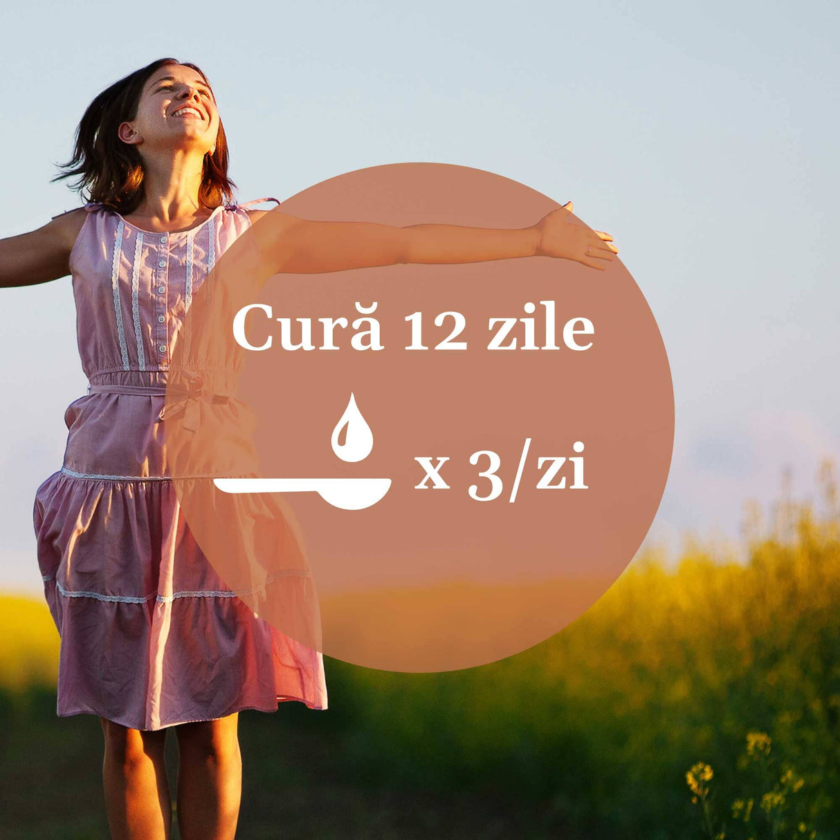 Modul de administrare a tincturii Vitaminizantus 200 ml: recomandare pentru cură de 12 zile, consumând de 3 ori pe zi. În imagine,o femeie cu un tonus bun.