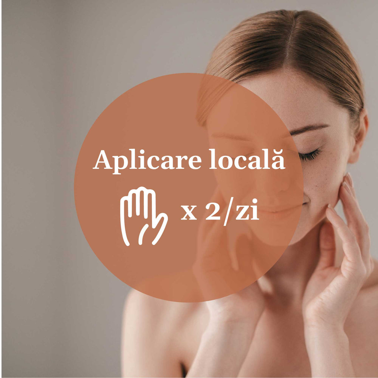 Instrucțiuni vizuale pentru aplicarea unguentului Dermatofitus de la Faunus Plant: femeie aplicând produsul pe față, însoțită de textul „Aplicare locală x 2/zi” și un simbol grafic al unei mâini. Fundal cald, cu o atmosferă relaxantă.