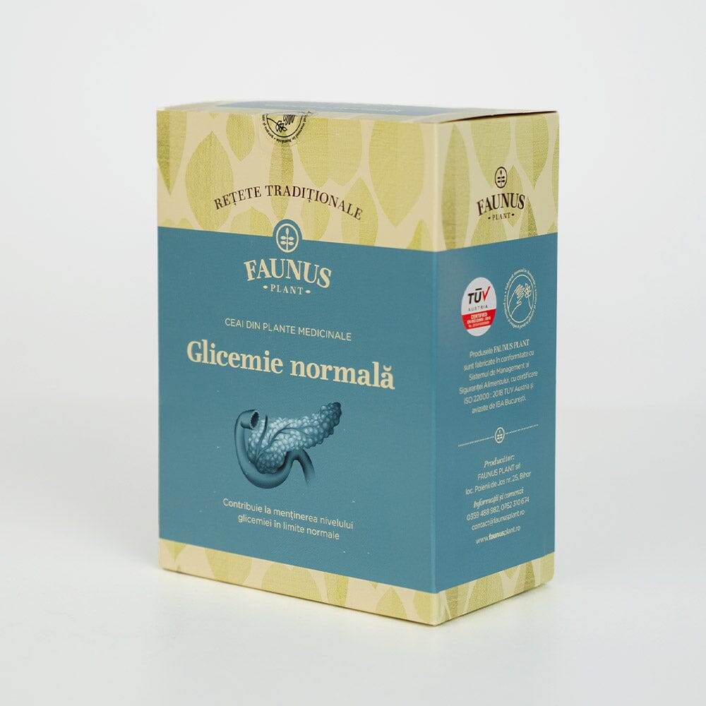 Cutie de Ceai Gastric de la Faunus Plant, vedere frontală, destinat susținerii sănătății tractului gastrointestinal, cu sigla TÜV Austria și inscripția „Retete tradiționale”.