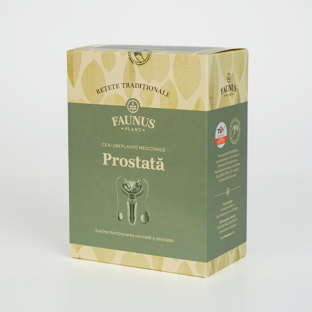 Ceaiul Prostată 180g de la Faunus Plant fotografiat din lateral, evidențiind designul elegant și natural al ambalajului.
