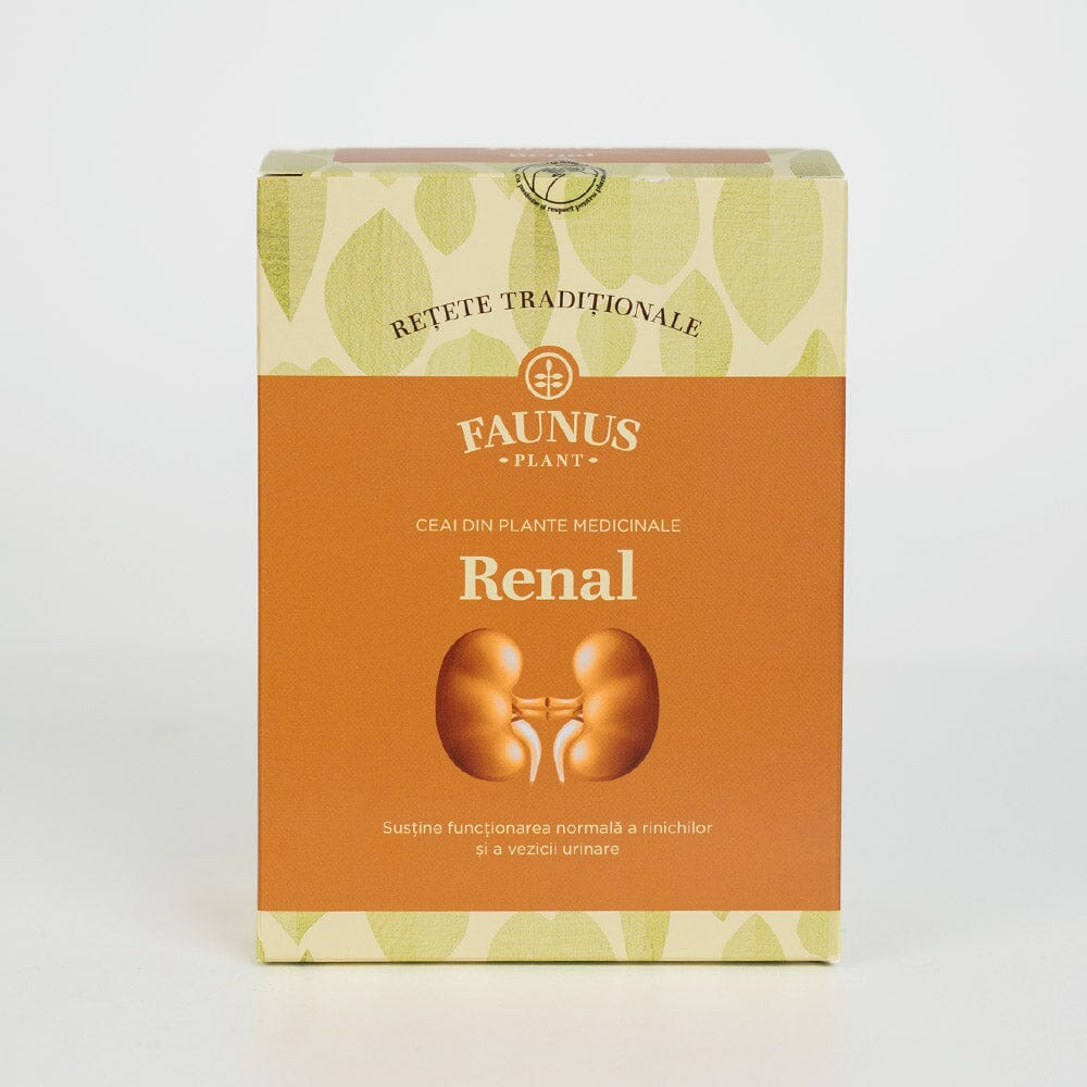 Ambalaj al Ceaiului Renal de la Faunus Plant, fotografiat dintr-un unghi frontal, cu design potocaliu și mesajul „Susține funcționarea normală a rinichilor și a vezicii urinare”.