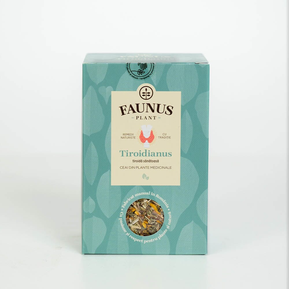 Cutie de ceai Tiroidianus 90g de la Faunus Plant, pozată din față, pe fundal alb, cu detalii despre autenticitatea produsului și fereastra ce arată amestecul de plante medicinale.