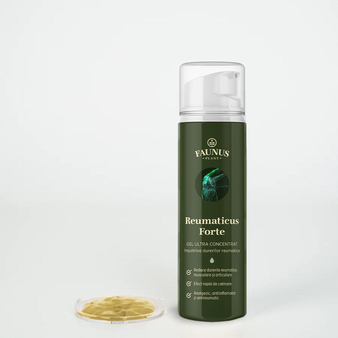 Flacon gel Reumaticus Forte de la Faunus Plant cu etichetă verde și capac alb, pe fundal alb, având alături o mostră de gel pe un recipient transparent.
