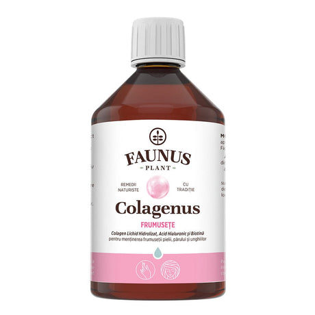 Flacon Colagenus Frumusețe 500ml de la Faunus Plant, supliment lichid pe bază de colagen hidrolizat, acid hialuronic și biotină, destinat susținerii frumuseții pielii, părului și unghiilor. Etichetă albă cu accente roz, cu simboluri pentru hidratare și sănătatea pielii.