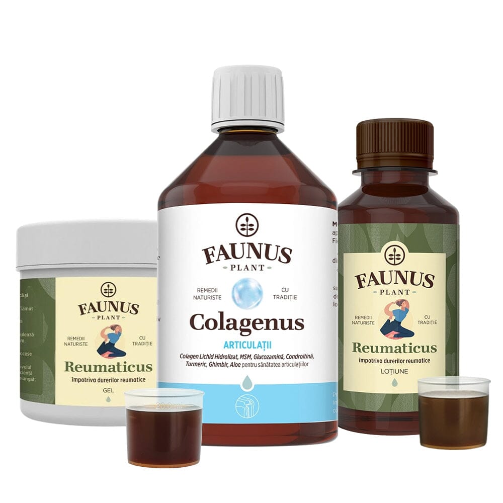 Pachet pentru Sănătatea Articulațiilor și Oaselor, compus din Colagenus Articulații (flacon mare), Loțiune Reumaticus și Gel Reumaticus. Etichetele produselor evidențiază ingredientele active și beneficiile pentru susținerea articulațiilor și reducerea durerilor reumatice. Mostră de colagen și de tinctură.