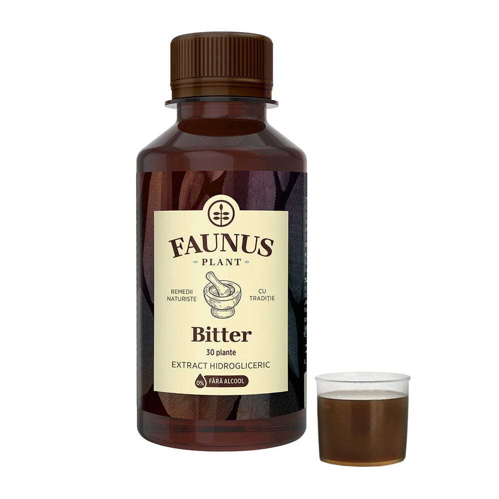 Flacon Bitter fără alcool Faunus Plant, 200ml. În fața sticlei este prezentat un capac de dozaj cu o mostră de lichid. Conține extract hidrogliceric din 30 de plante medicinale.