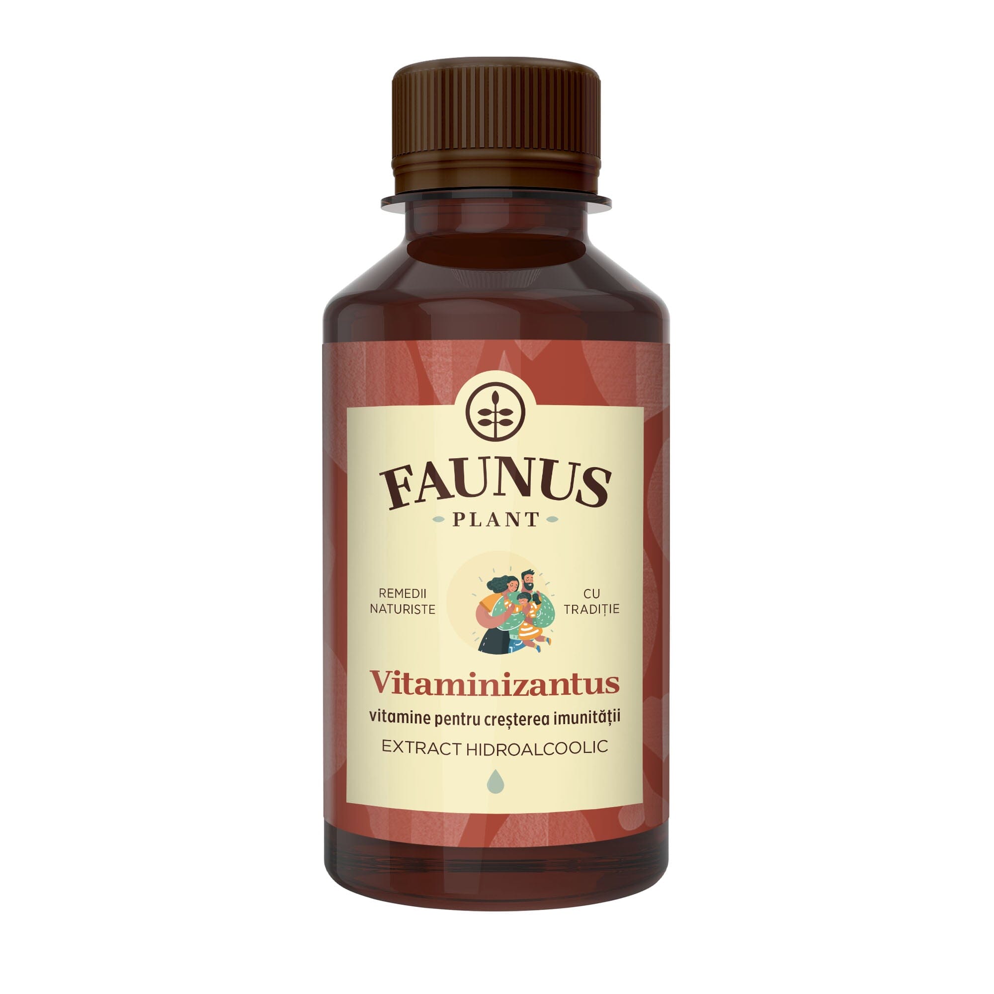 Flacon 200 ml cu tinctură Vitaminizantus de la Faunus Plant, destinat creșterii imunității, având un design tradițional și o etichetă roșie cu ilustrații stilizate.