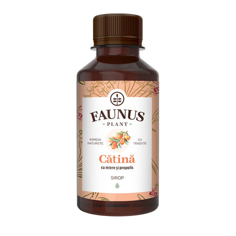 Flacon Sirop Cătină cu Miere și Propolis de la Faunus Plant din față pe fundal alb