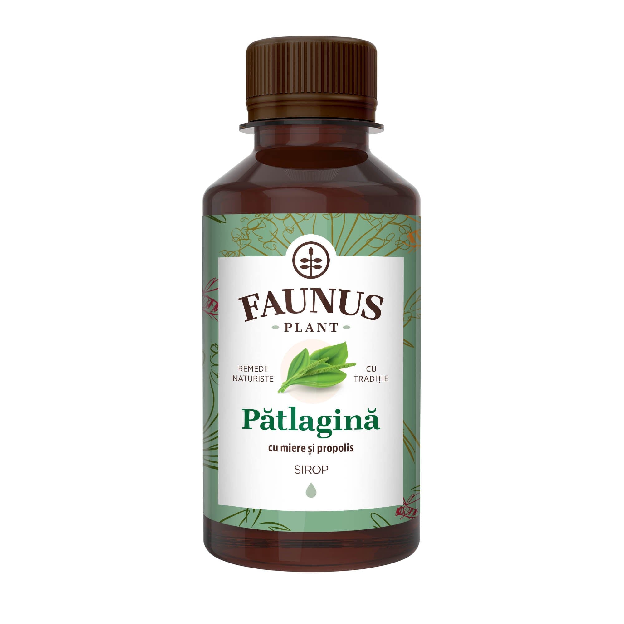 Sirop de Pătlagină cu Miere și Propolis de 200 ml de la Faunus Plant pozat din față pe fundal alb