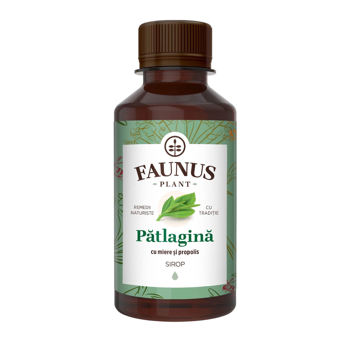 Sirop de Pătlagină cu Miere și Propolis de 200 ml de la Faunus Plant pozat din față pe fundal alb