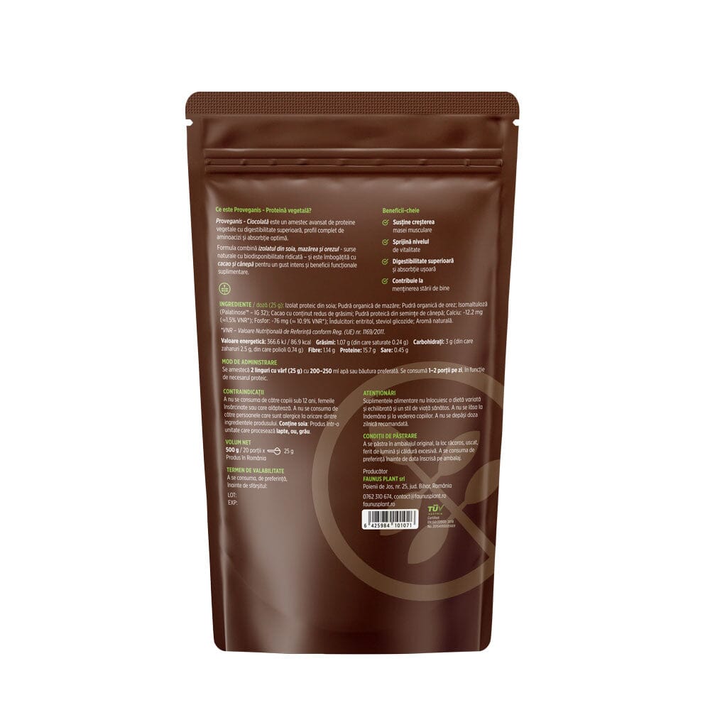 Ambalaj spate Proveganis de la Faunus Plant, pe fundal alb. Vizibile sunt informații despre supliment, beneficii-cheie, listă complet ingrediente, administrare, contraindicații, atenționări, condiții de păstrare, valabilitate, producător, cod de bare și logo certificat TUV Austria.