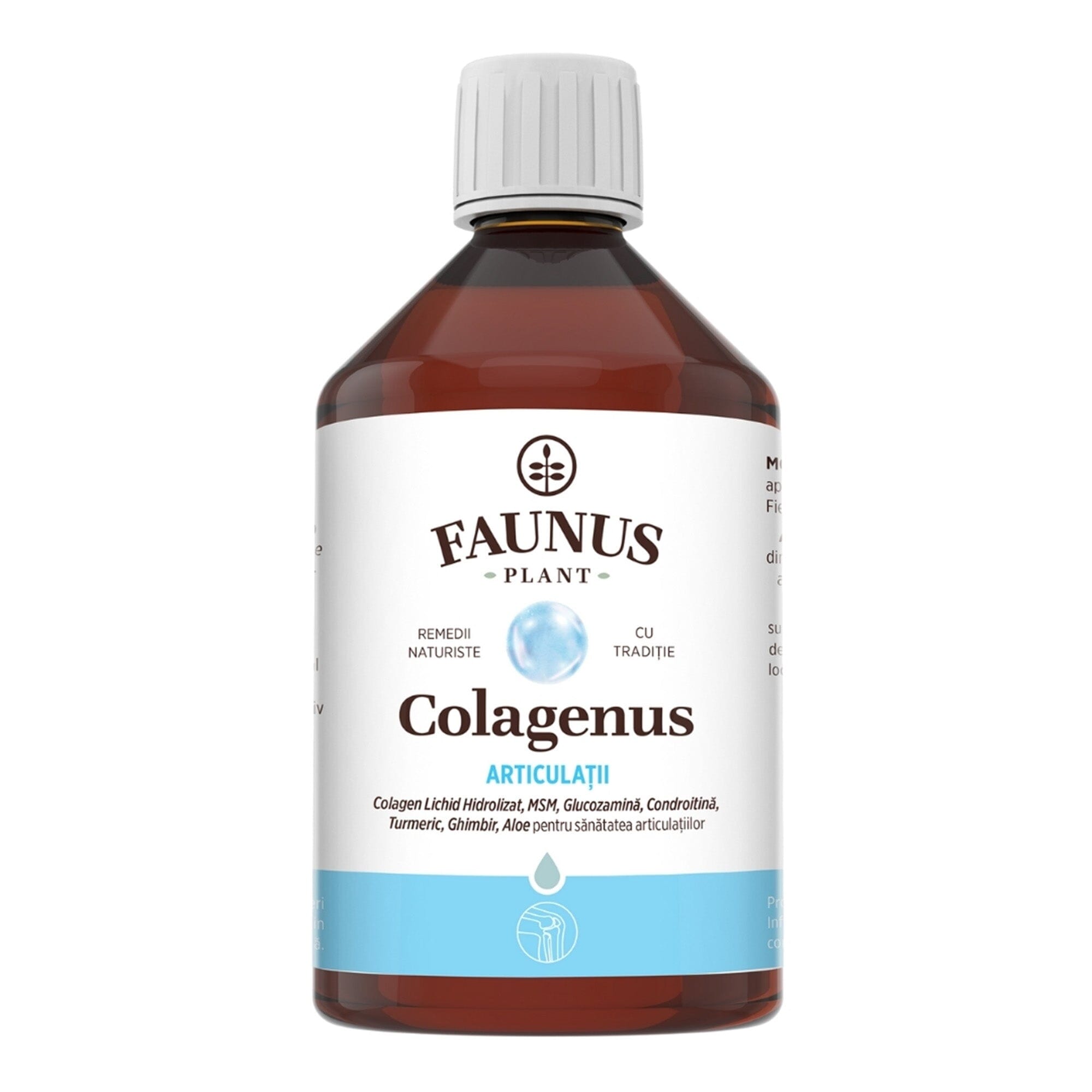 Flacon Colagenus Articulații de la Faunus Plant, supliment natural cu colagen hidrolizat, MSM, glucozamină, condroitină, turmeric, ghimbir și aloe, destinat menținerii sănătății articulațiilor și flexibilității acestora.