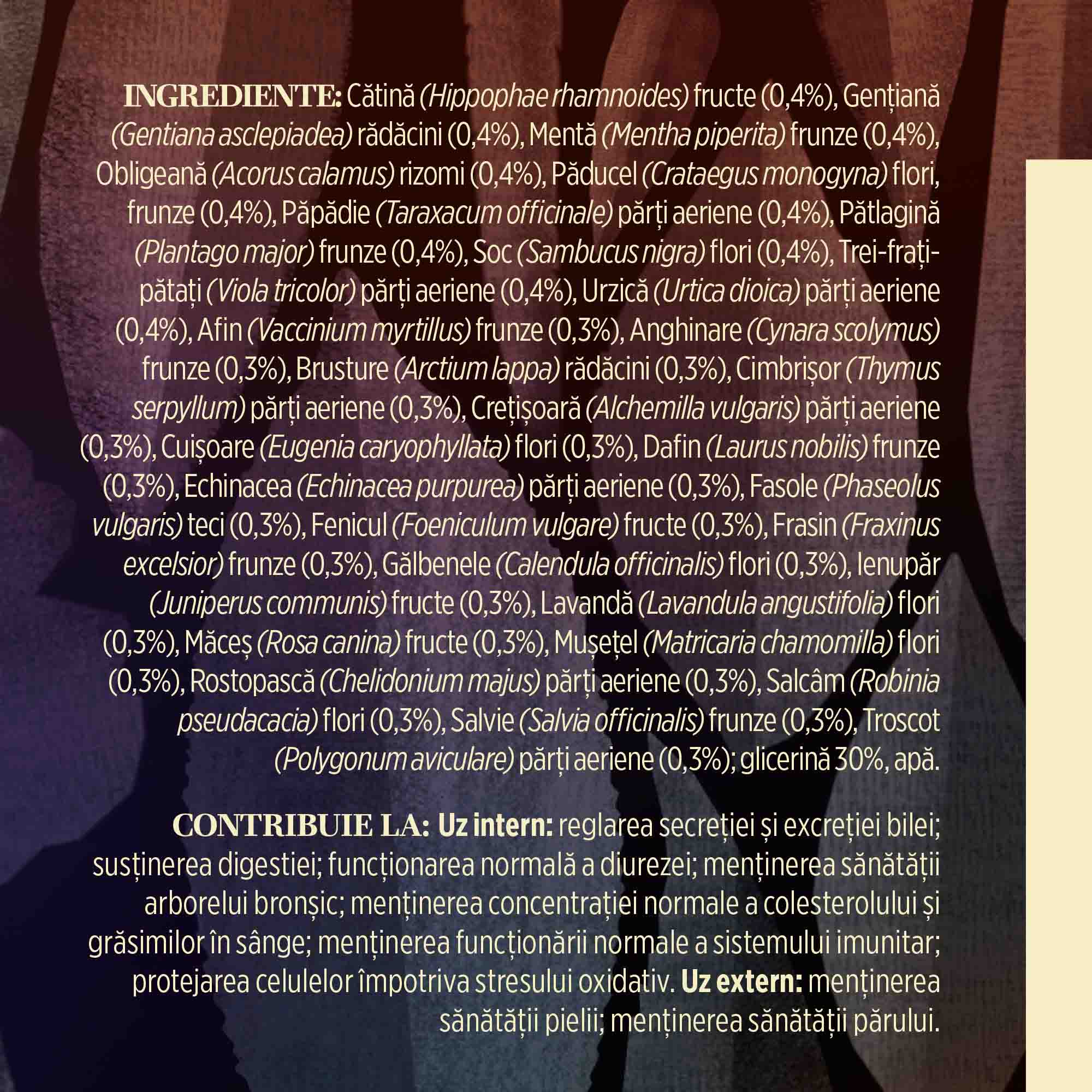 Etichetă cu toate ingredientele pentru Bitter 30 plante fără alcool Faunus Plant. În partea de jos a etichetei apar beneficiile pentru uz intern și extern.