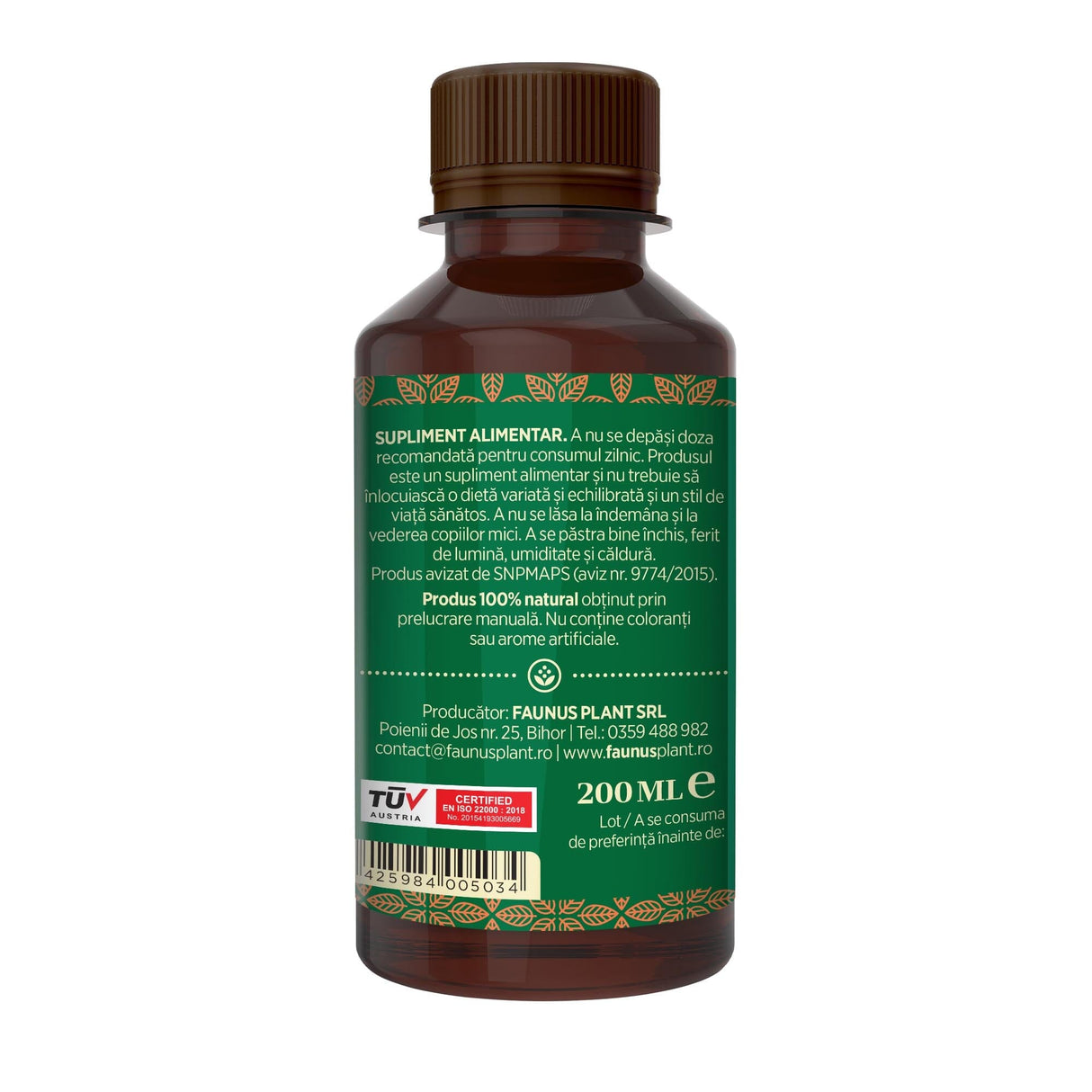 Flacon Sirop de Cătină 200ml fotografiat din dreapta, cu eticheta care subliniază atât modul de administrare alături de precauții și atenționări, cât și codul de bare, logo TUV Austria și spațiul pentru data expirării.