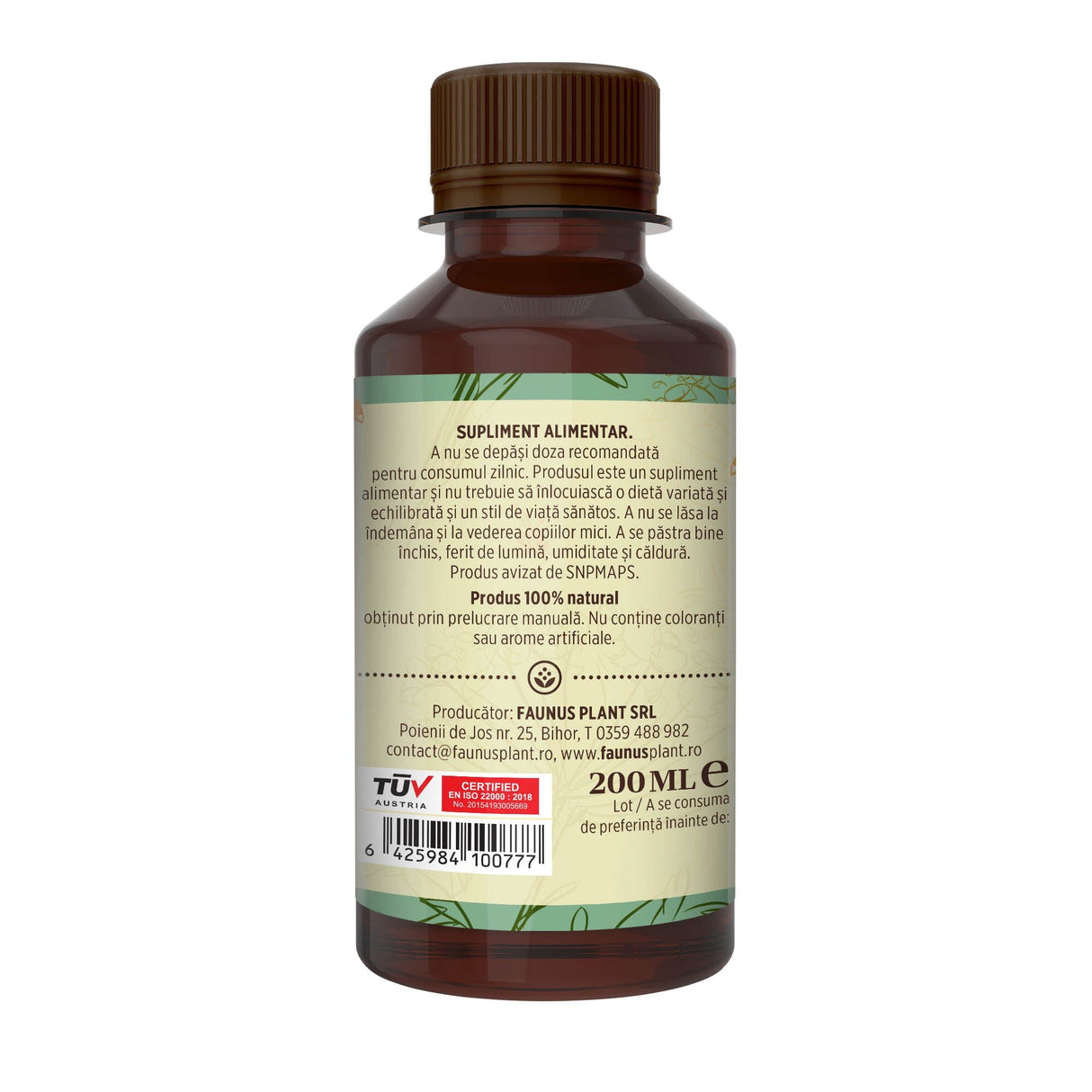 Flacon Sirop de Pătlagină cu Miere și Propolis de 200 ml fotografiat din dreapta, cu etichetă verde crem care subliniază atât modul de administrare alături de precauții și atenționări, cât și cod de bare, logo TUV Austria și spațiul pentru data expirării.