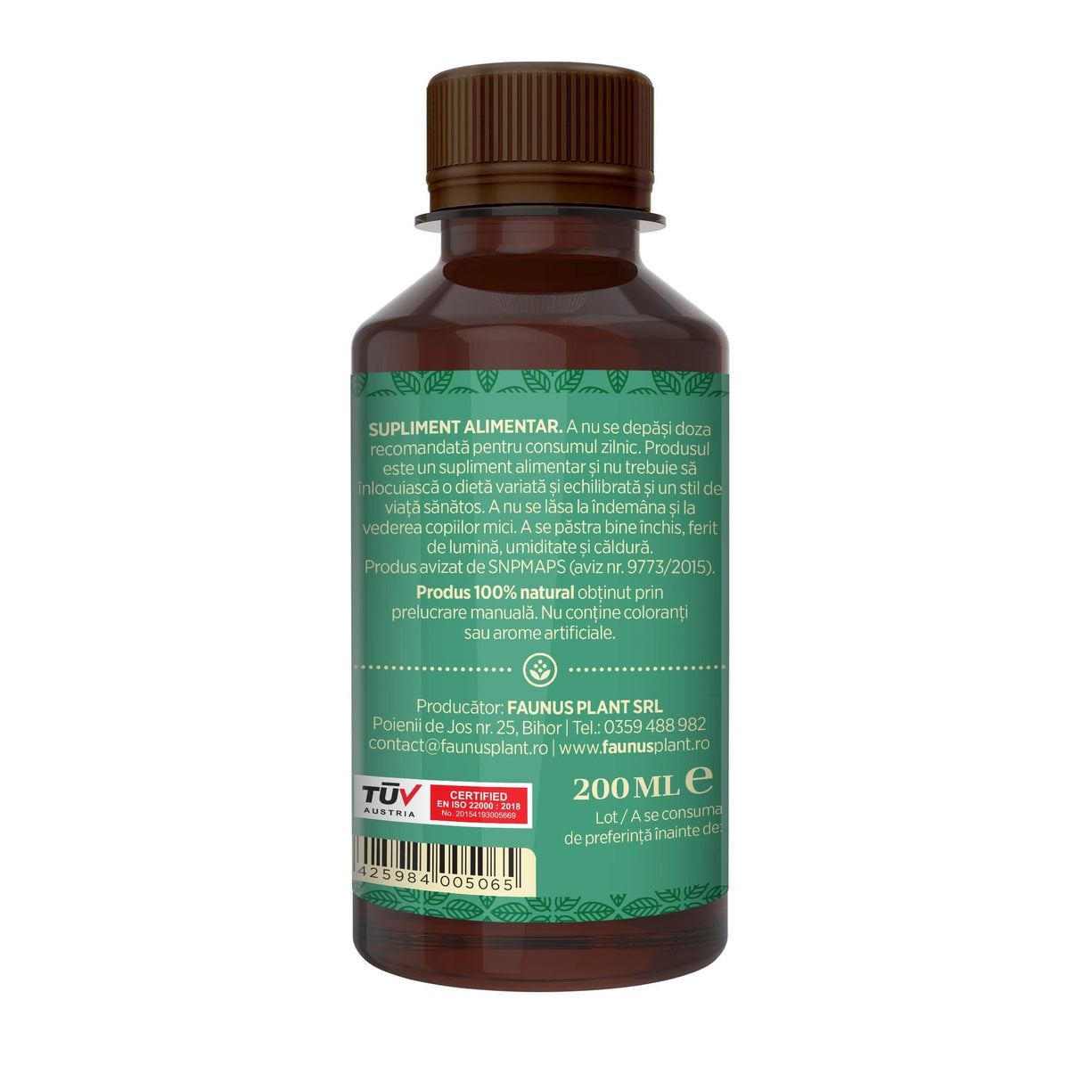 Flacon Sirop de Pătlagină de 200 ml fotografiat din dreapta, cu etichetă verde închis care subliniază atât modul de administrare alături de precauții și atenționări, cât și codul de bare, logo TUV Austria și spațiul pentru data expirării.