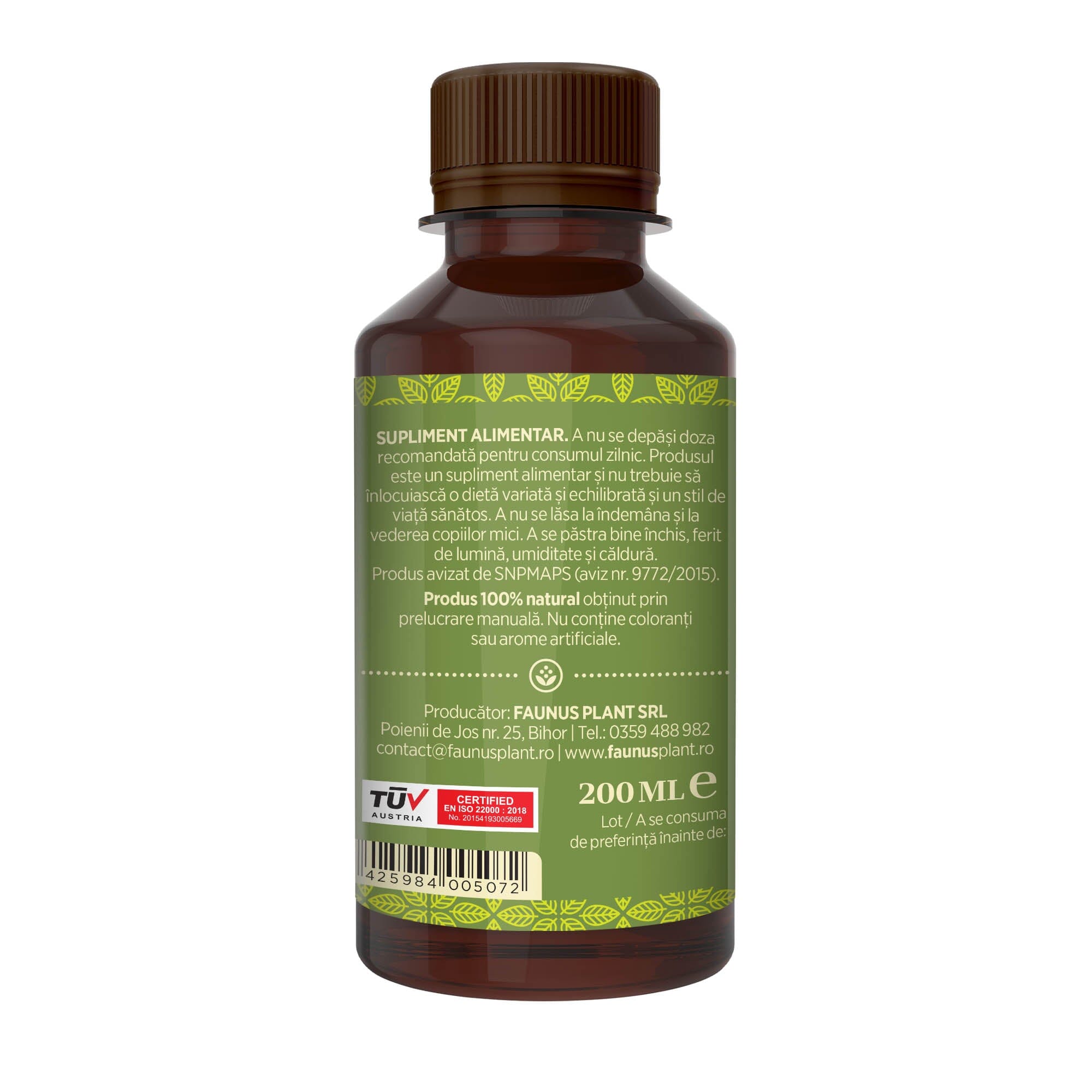 Flacon Sirop de Pin 200 ml fotografiat din dreapta, cu etichetă verde care subliniază atât modul de administrare alături de precauții și atenționări, cât și cod de bare, logo TUV Austria și spațiul pentru data expirării. | Cantitate - 200ml