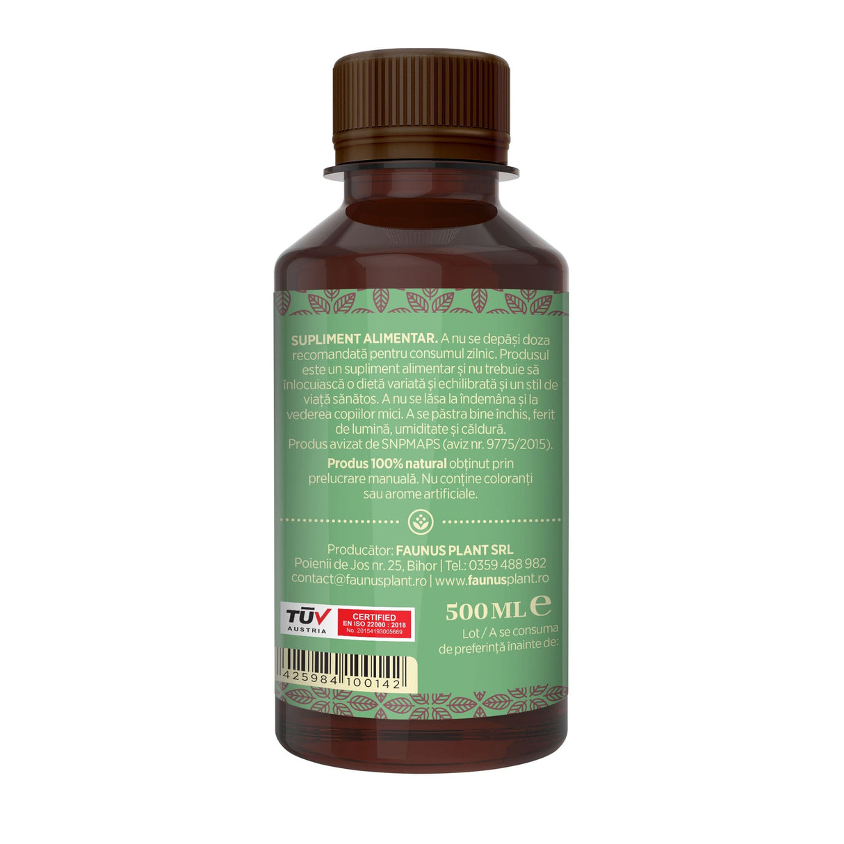 Flacon Sirop Echinacea 200ml de la Faunus Plant fotografiat din dreapta, cu eticheta care subliniază atât modul de administrare alături de precauții și atenționări, cât și cod de bare, logo TUV Austria și spațiul pentru data expirării.