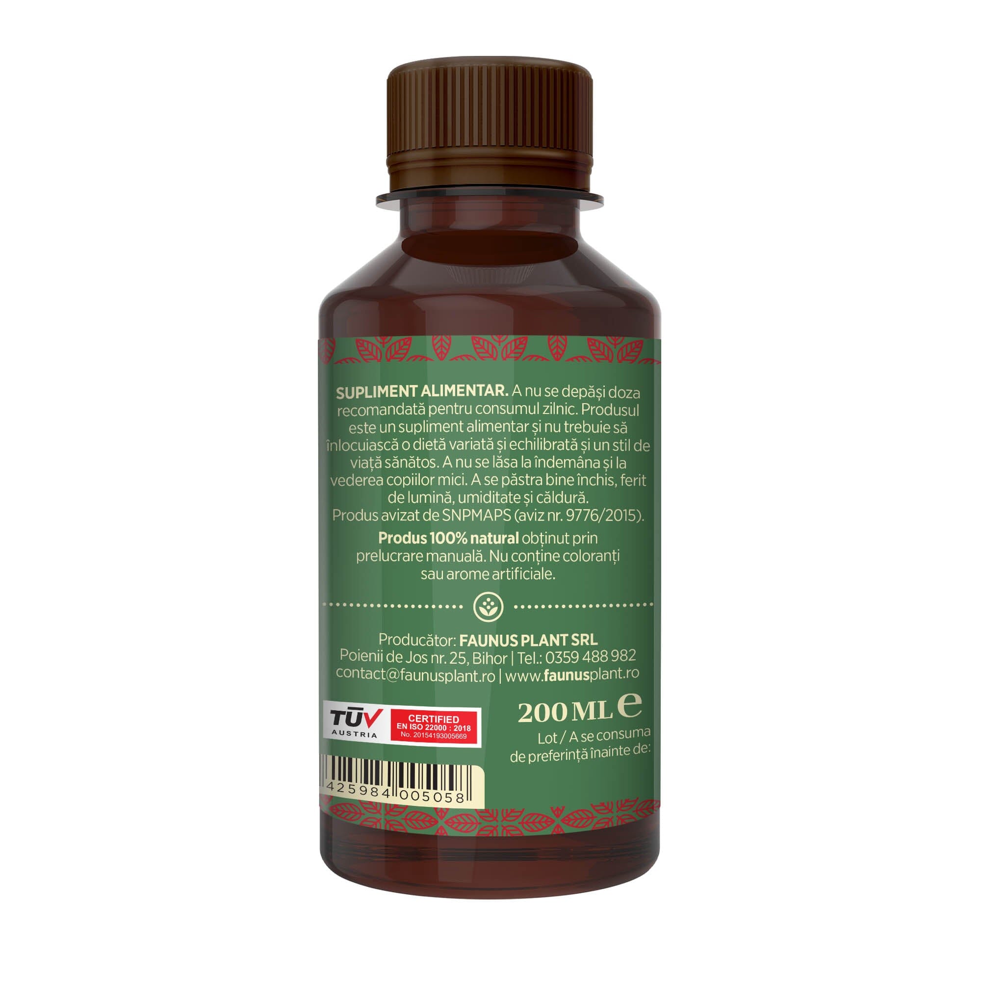 Flacon Sirop Măceșe de 200 ml fotografiat din dreapta, cu etichetă verde închis care subliniază atât modul de administrare alături de precauții și atenționări, cât și cod de bare, logo TUV Austria și spațiul pentru data expirării. | Cantitate - 200ml