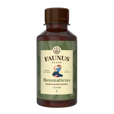 Flacon Loțiune Reumaticus de la Faunus Plant, un remediu natural lichid destinat aplicării externe pentru reducerea durerilor reumatice și articulare. Eticheta evidențiază ingredientele naturale și beneficiile produsului.