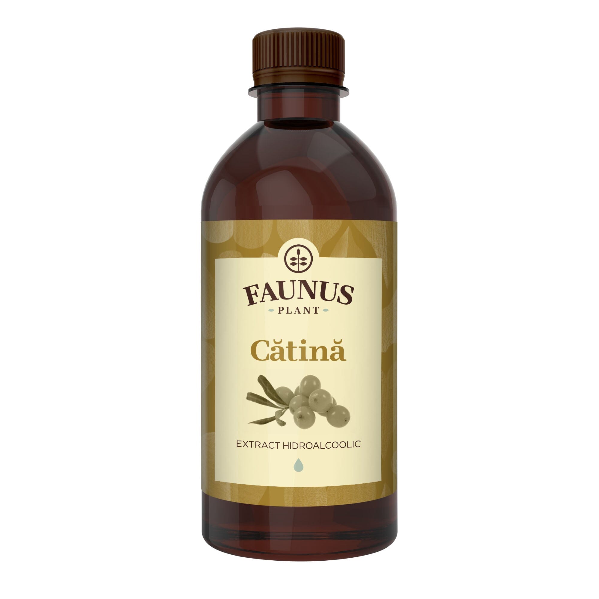 Sticlă de 500 ml cu tinctură de cătină Faunus Plant, având un design natural cu etichetă galbenă și ilustrație de fructe de cătină, destinată fortificării imunității.