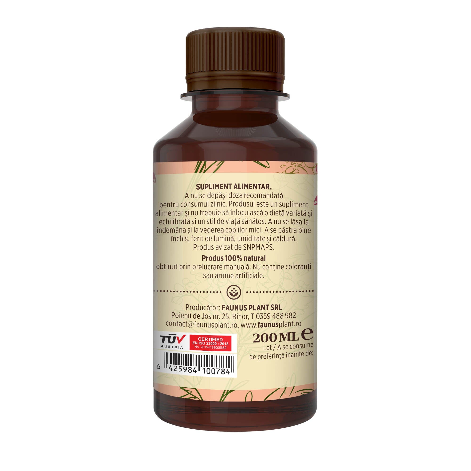 Flacon Sirop de Cătină cu Miere și Propolis fotografiat din dreapta, cu eticheta care subliniază atât modul de administrare alături de precauții și atenționări, cât și codul de bare, logo TUV Austria și spațiul pentru data expirării.