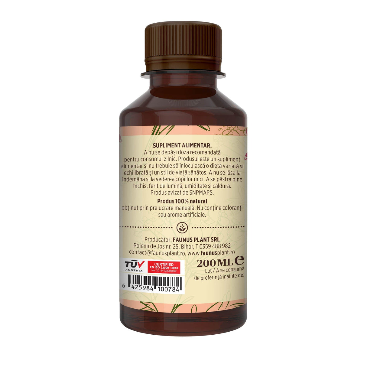 Flacon Sirop de Cătină cu Miere și Propolis fotografiat din dreapta, cu eticheta care subliniază atât modul de administrare alături de precauții și atenționări, cât și codul de bare, logo TUV Austria și spațiul pentru data expirării.