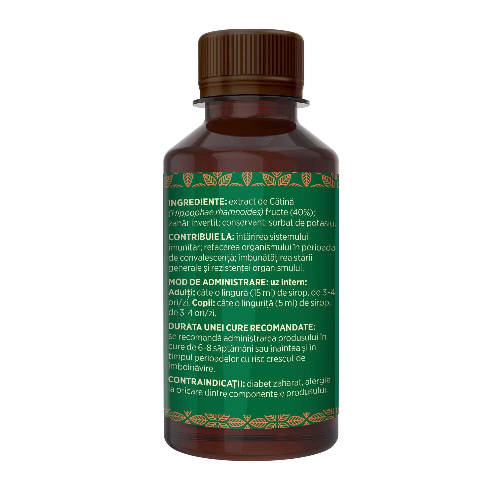 Imagine din lateral stânga cu siropul de Cătină 200ml, cu detalii despre ingrediente, proprietăți, mod de utilizare, contraindicații și precauții. | Cantitate - 200ml