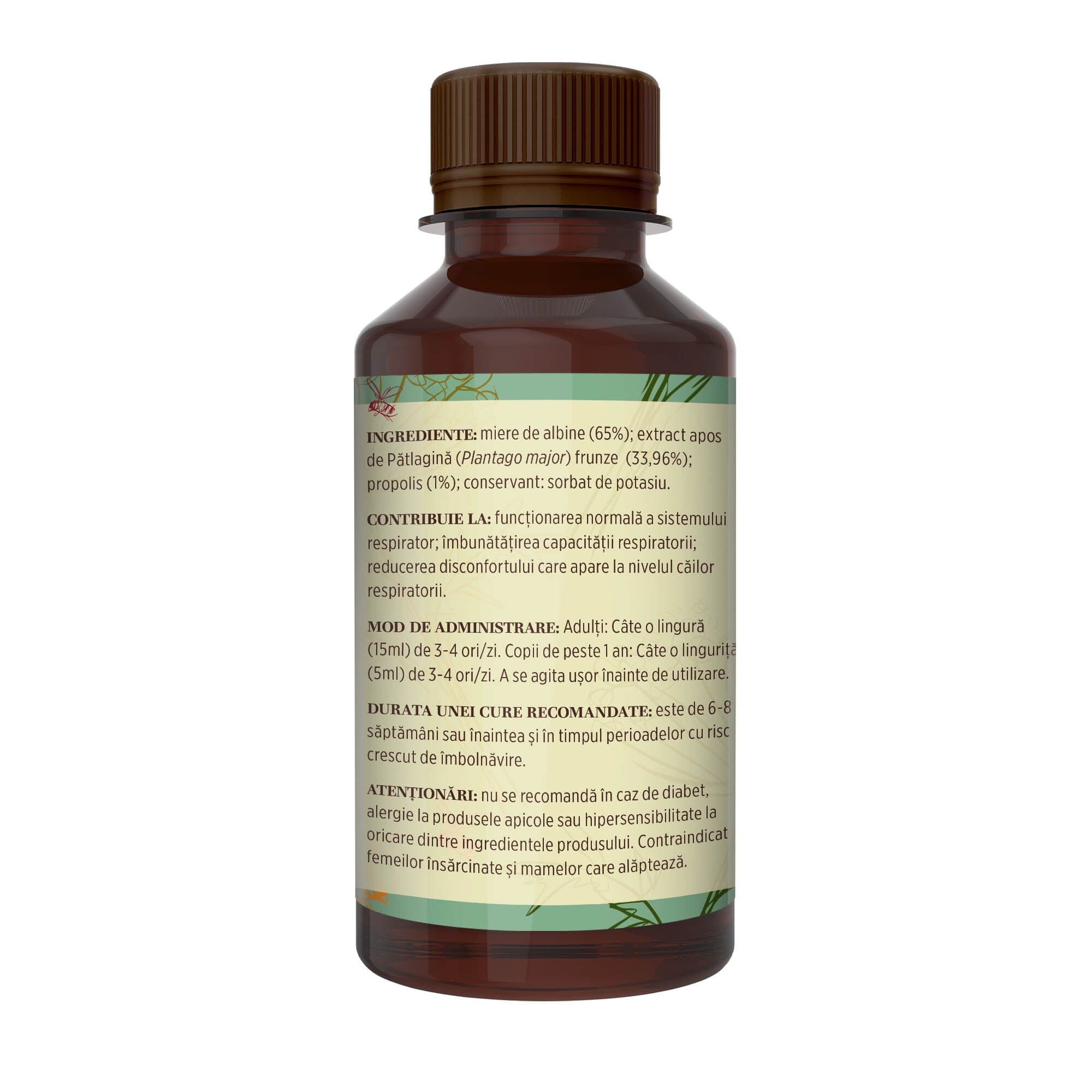 Imagine din lateral stânga al Siropului de Pătlagină cu Miere și Porpolis 200 ml, cu detalii despre ingrediente, proprietăți, mod de utilizare, dar și contraindicații