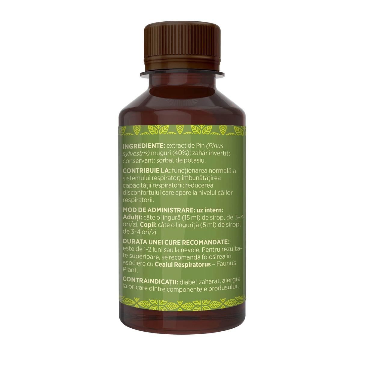 Imagine din lateral stânga al Siropului de Pin 200 ml, cu detalii despre ingrediente, proprietăți, mod de utilizare, dar și contraindicații