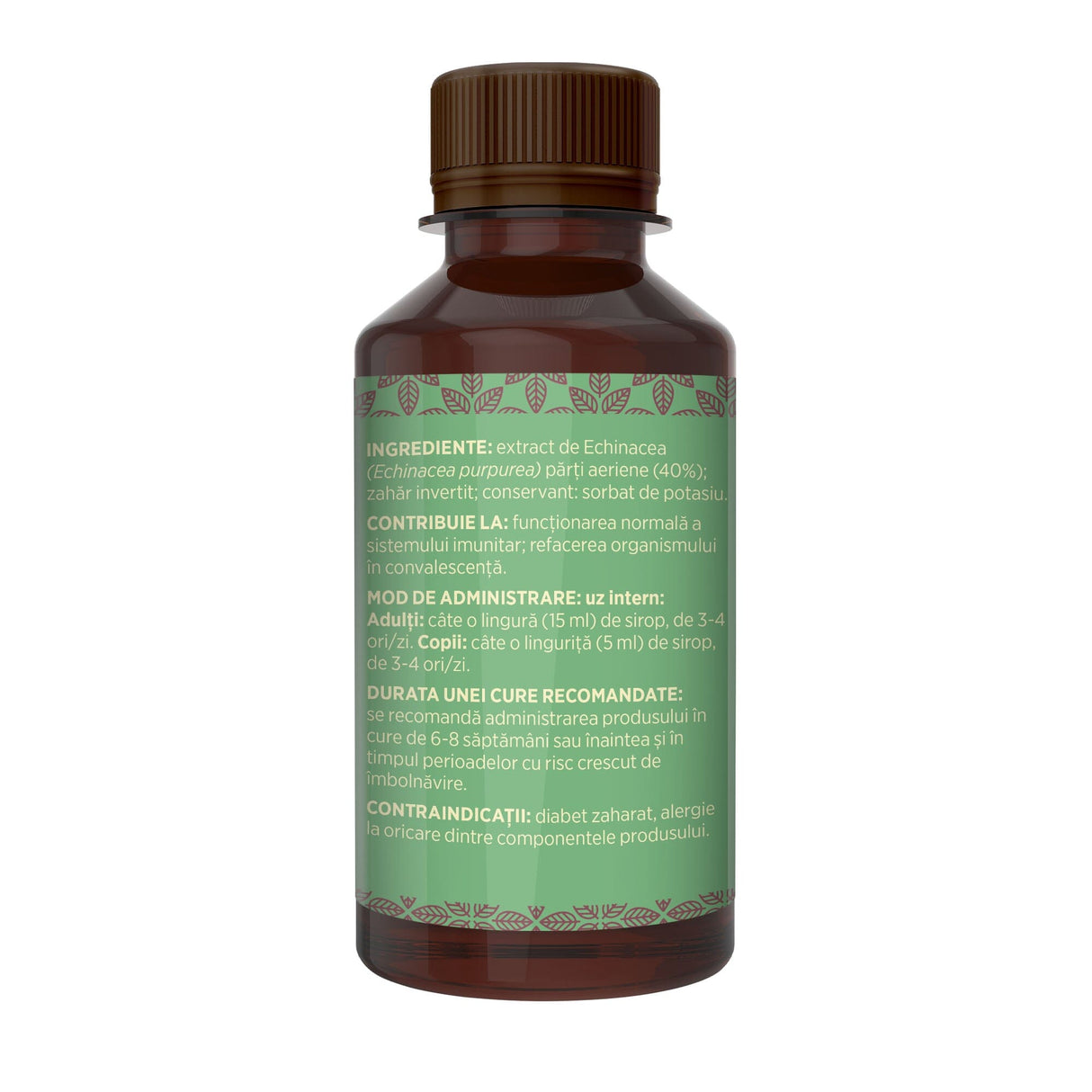 Imagine din lateral stânga cu Sirop Echinacea 200ml Faunus Plant, cu detalii despre ingrediente, proprietăți, mod de utilizare, dar și contraindicații